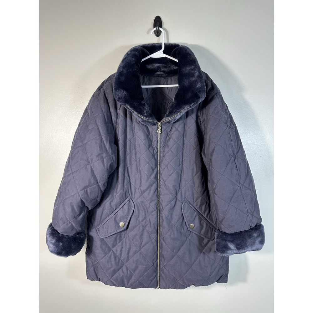 Vintage Bill Blass Coat Womens Medium Blue Down Faux Fur Oversized Jacket Read‎